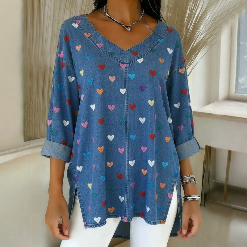 Blouse Vintage À Imprimé Cœur