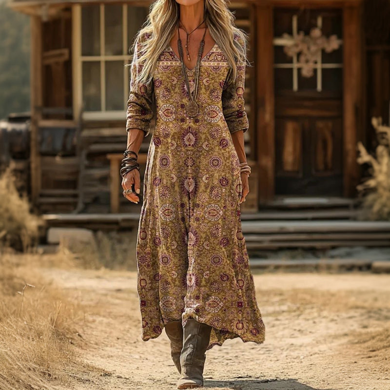 【Manches Longues】Robe À Imprimé Ethnique Vintage