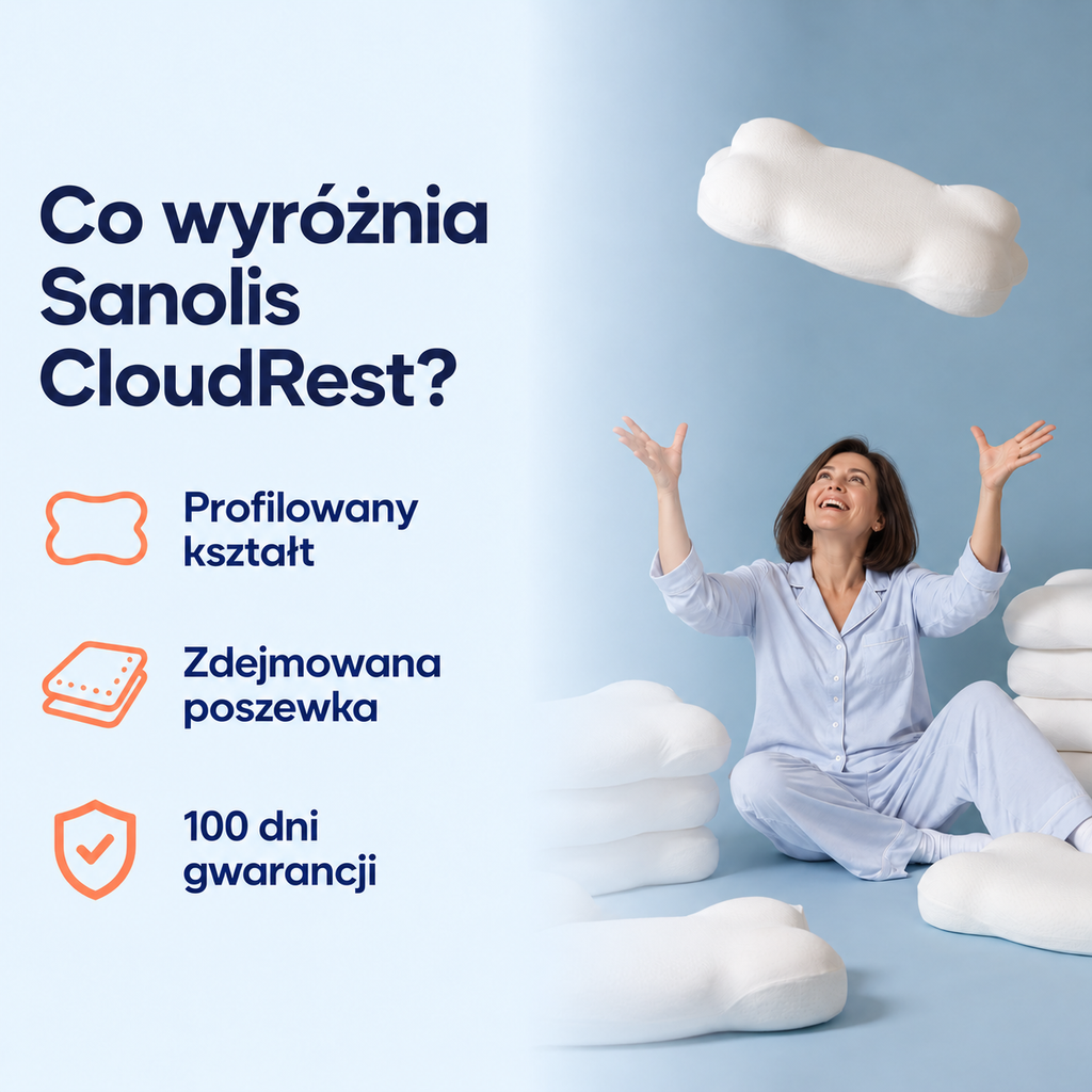 Sanolis CloudRest — profilowany kształt, zdejmowana poszewka, 100 dni gwarancji